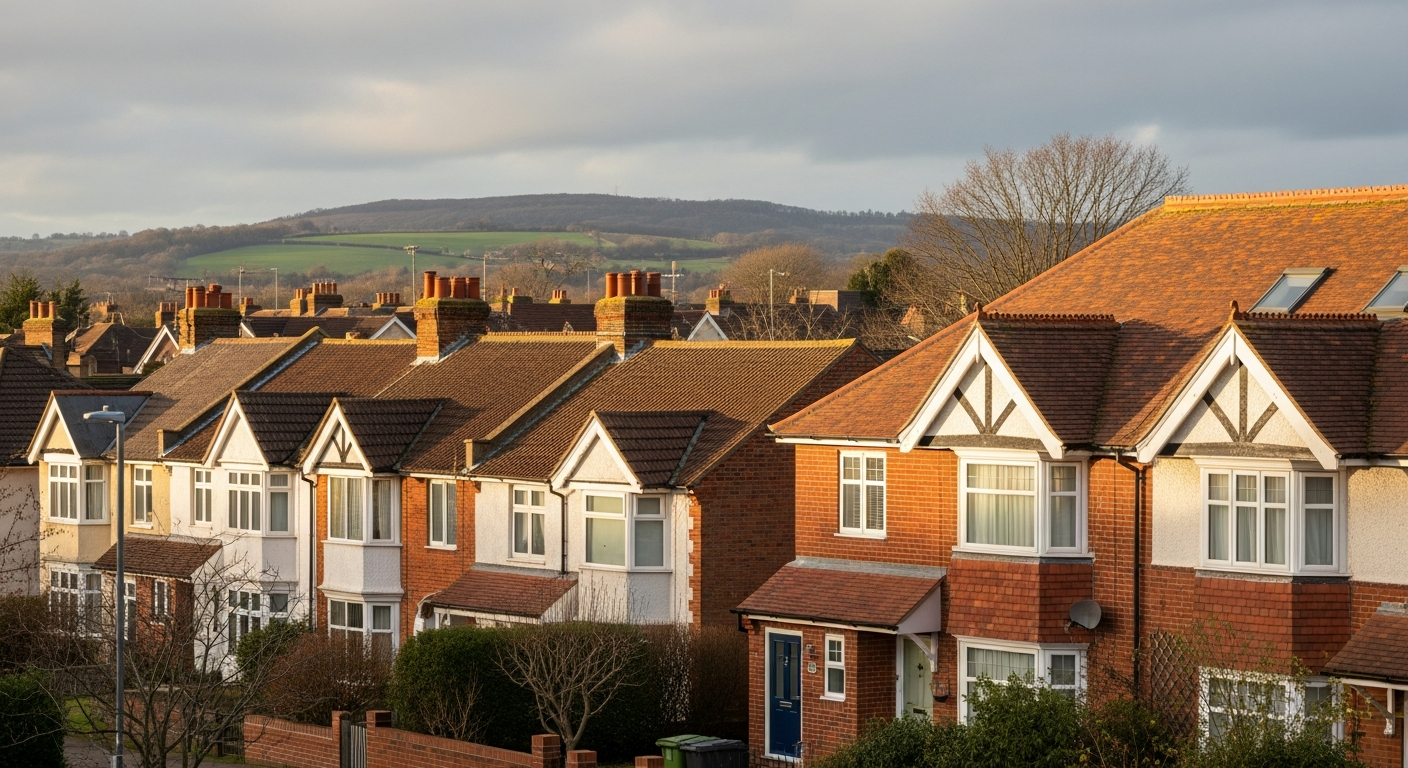 Roofers in Ashford, Kent, traditional clay-tiled rooflines with the North Downs in the background