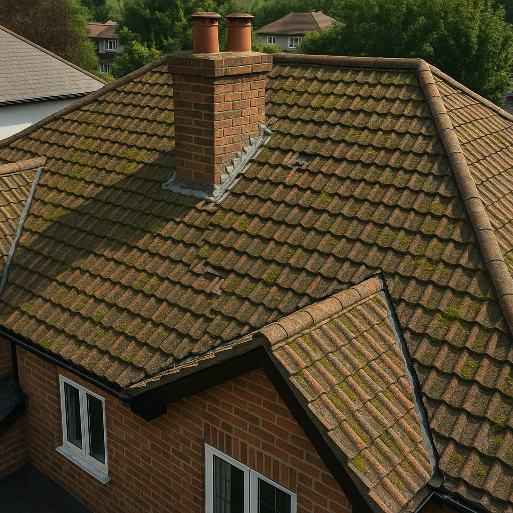 Before - Damaged roof with moss and broken tiles requiring repair