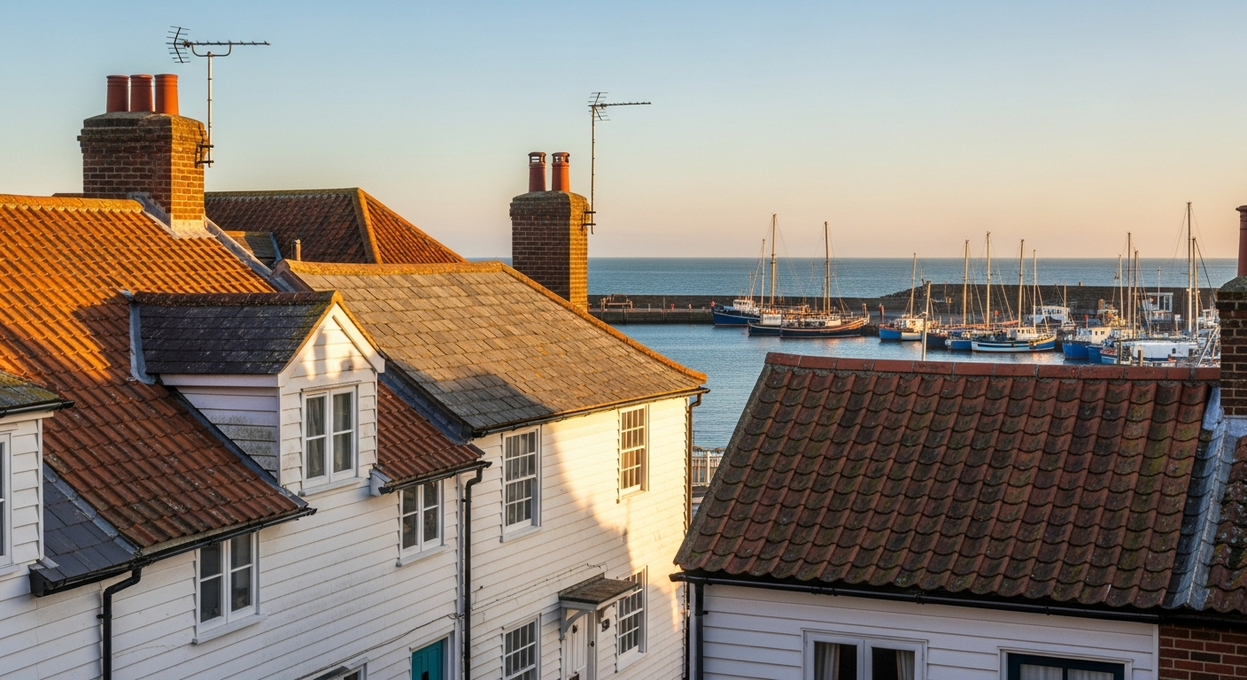 Roofers in Whitstable, Kent, weatherboard fishermen's cottages and tile rooftops above the working harbour